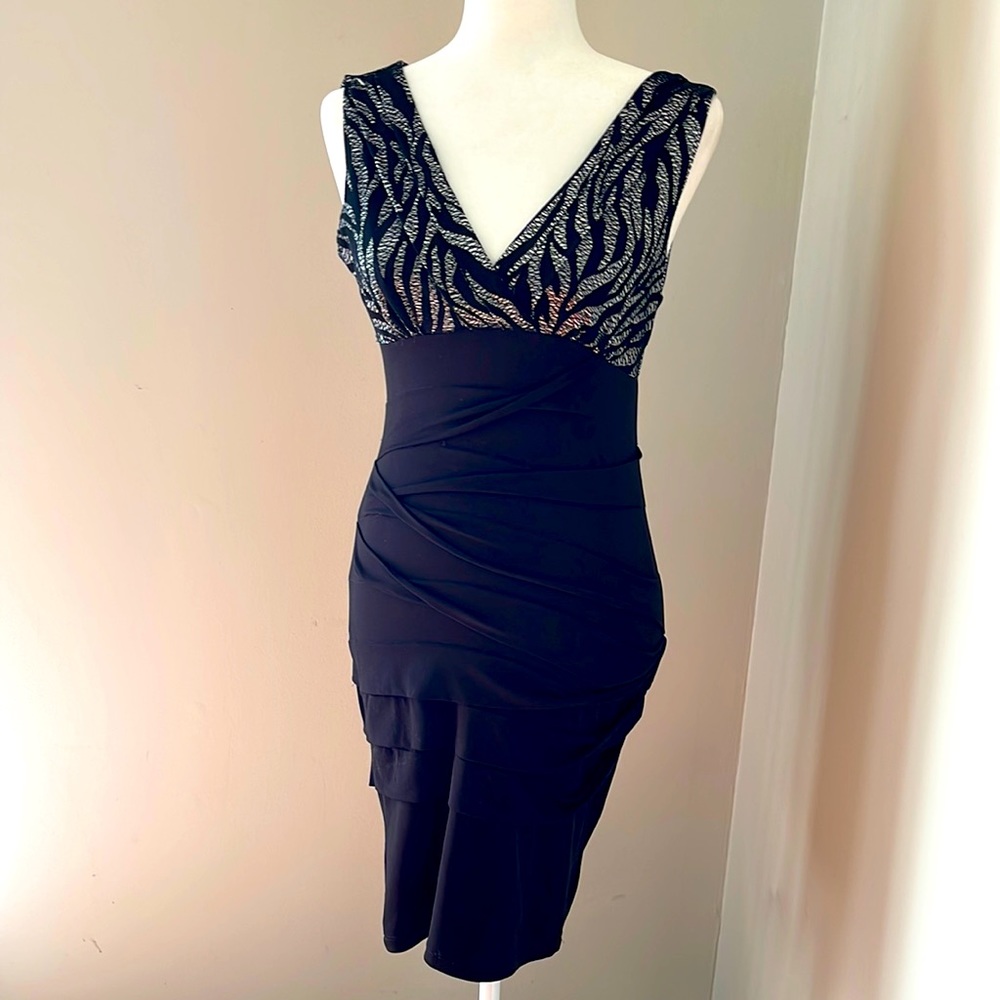 Saint Tropez West Little black dress bandage size 4 black & silver lace bodice